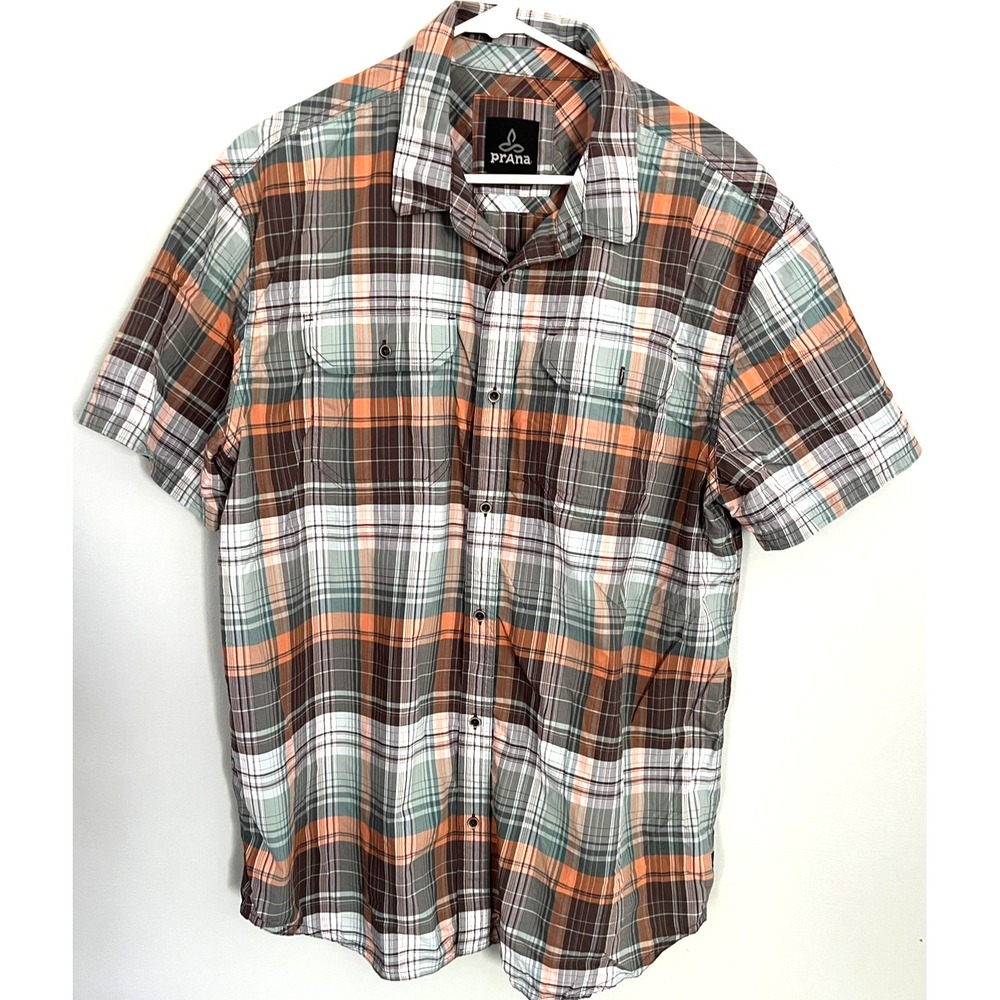 prAna Shirt Men XL Orange Brown Green Plaid Short Sleeve Button Dn. Nylon Pocket